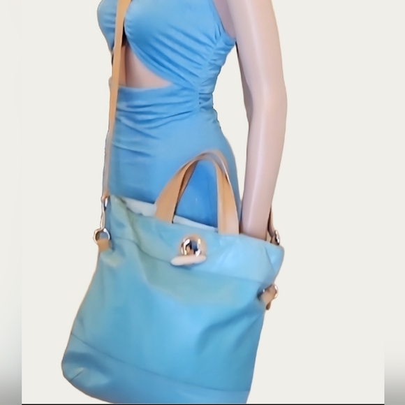 Maurizio Taiuti Blue and Tan Tote Bag with Leather Accents, Replacement Strap - Picture 14 of 16